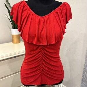 KENAR Red Ruffle Top w/ Center Ruching On or Off Shoulder Small